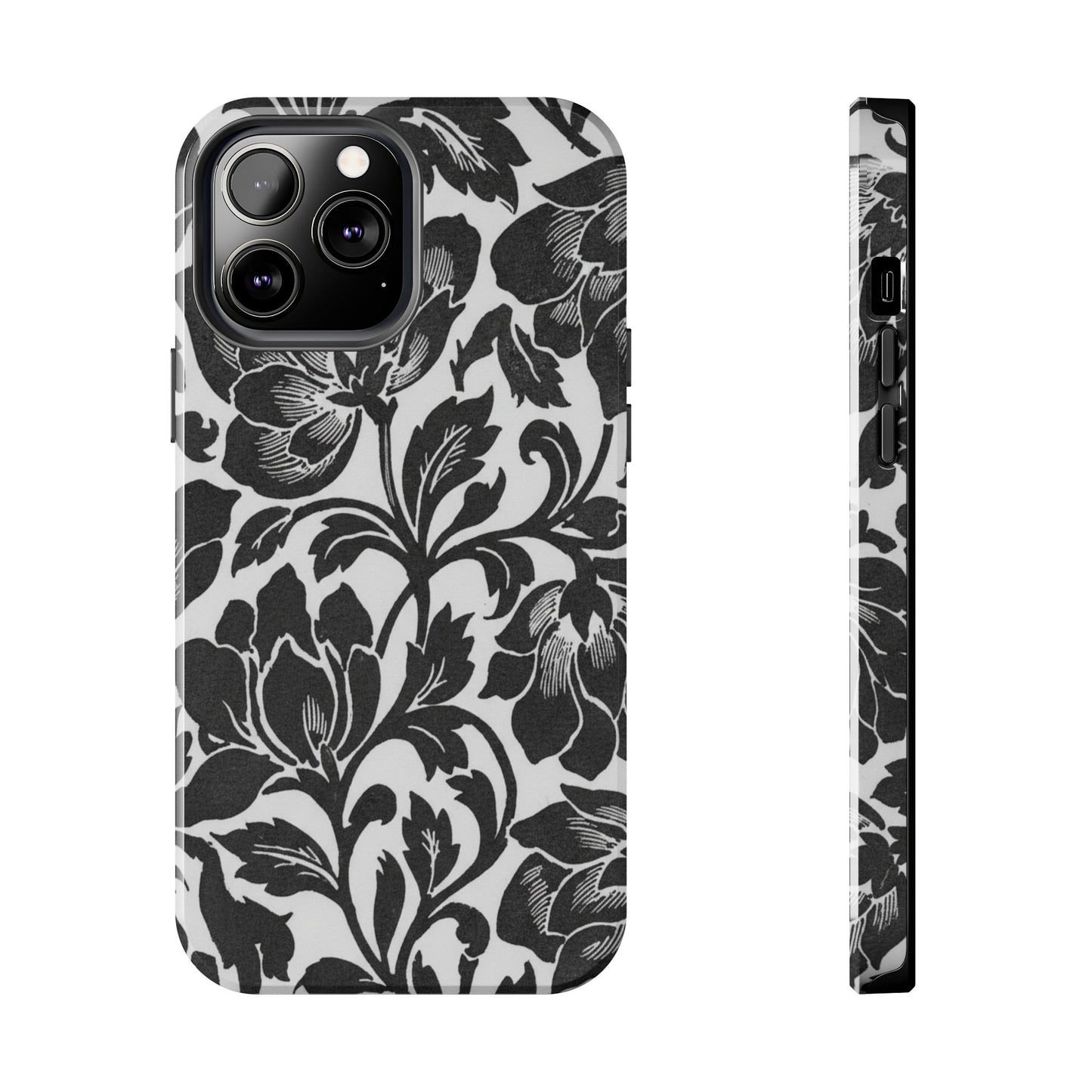Tough Phone Case — Black & White Vintage Floral Protective Cover