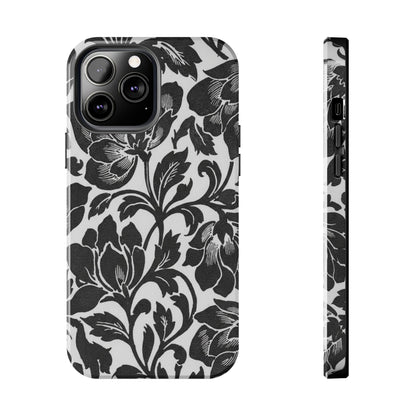 Tough Phone Case — Black & White Vintage Floral Protective Cover