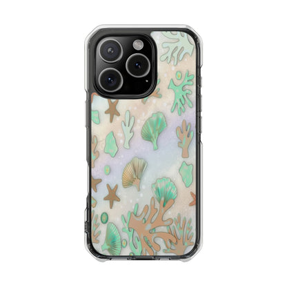 Clear Magnetic Phone Case — Iridescent Ocean Shells & Coral Design