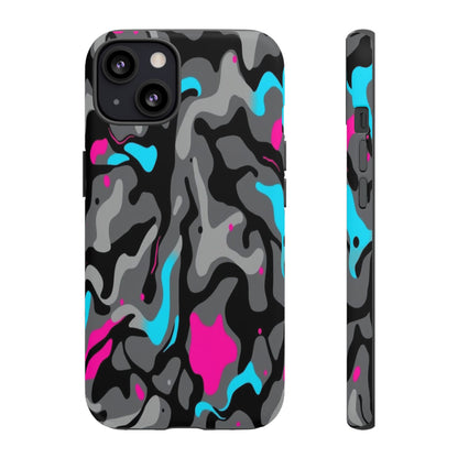 Camouflage Phone Case — Gray Camo with Neon Pink & Cyan Accent Tough Protective Cover