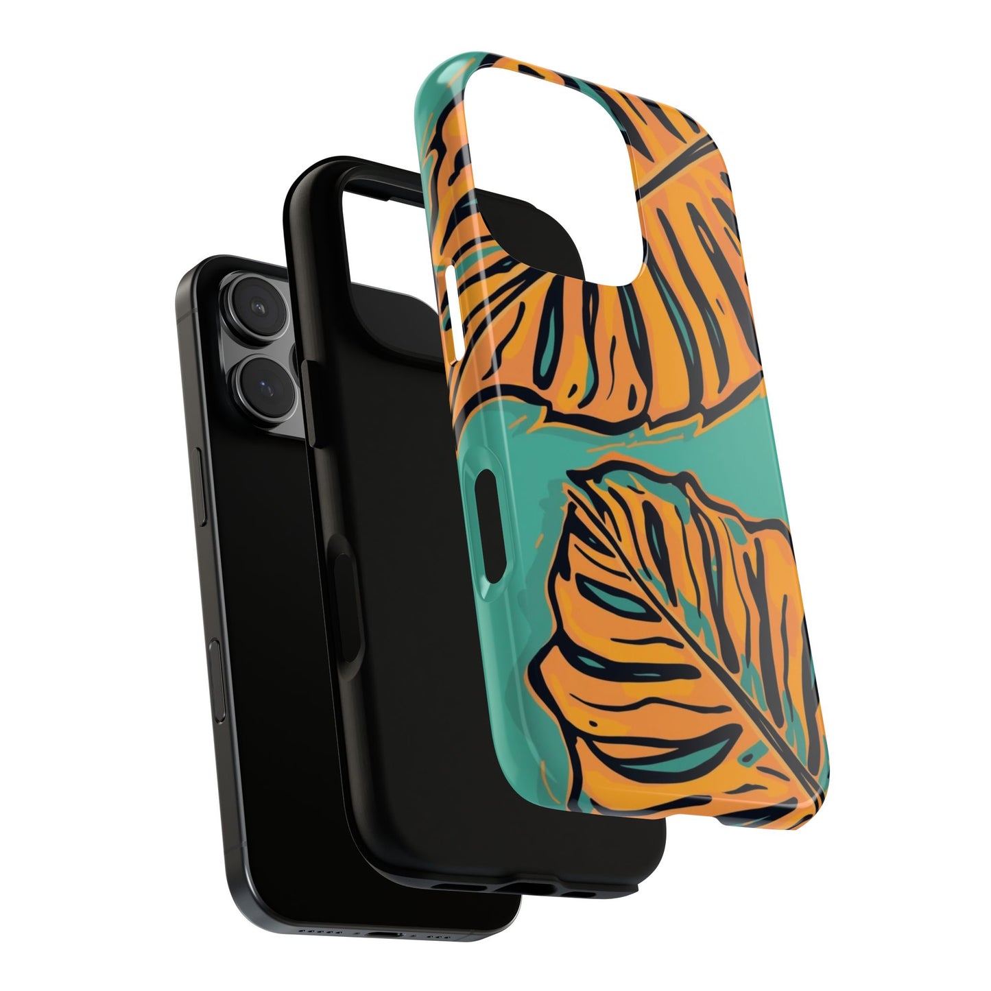 Tropical Leaf Tough Phone Case — Orange Monstera Design on Teal