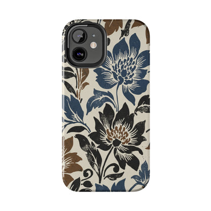 Floral Vintage Tough Phone Case — Blue & Brown Botanical Protection