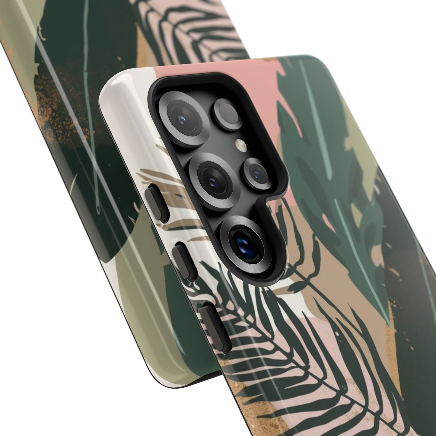 Tropical Leaf Tough Phone Case — Abstract Pink & Green Botanical Protective Cover