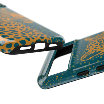 Leopard Print Tough Phone Case — Gold Panther on Teal, Protective iPhone Cover