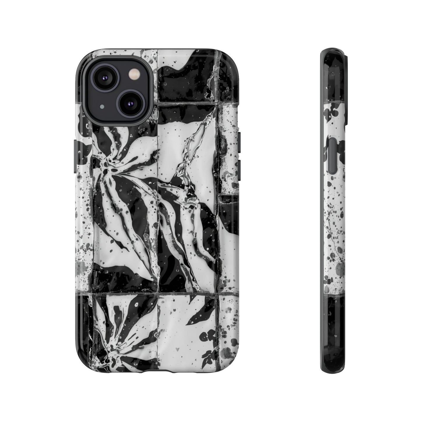 Monochrome Tile Floral Tough Phone Case