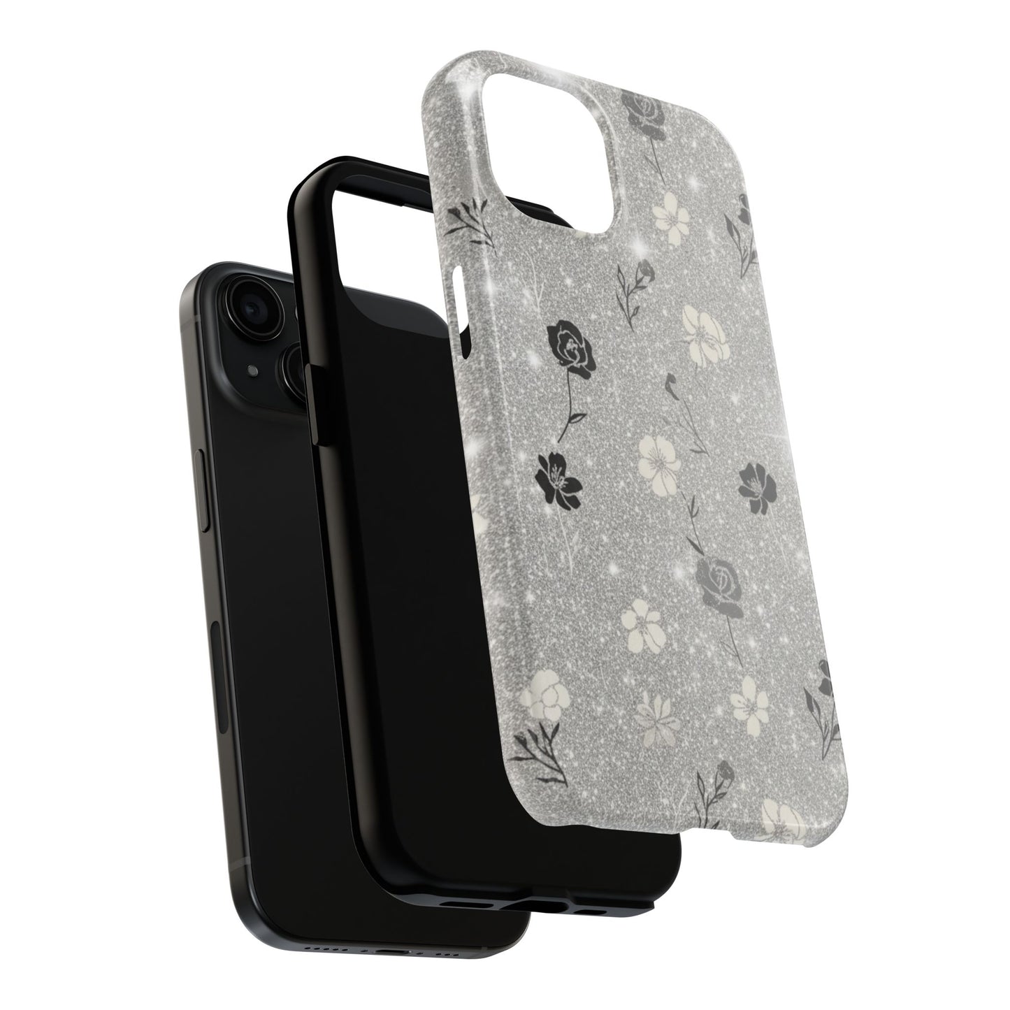 Floral Glitter Tough Phone Case — Black & Silver Vintage Flower Protective Cover