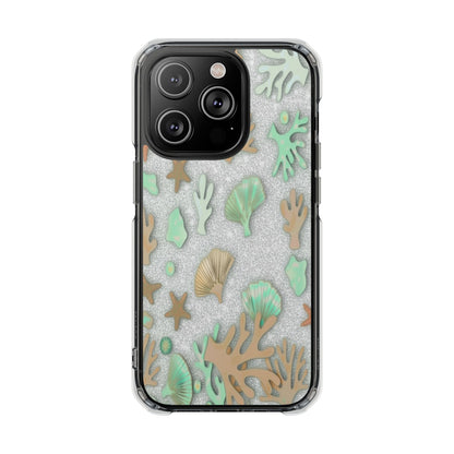 Clear Magnetic Phone Case — Sea Shell & Coral Glitter Design