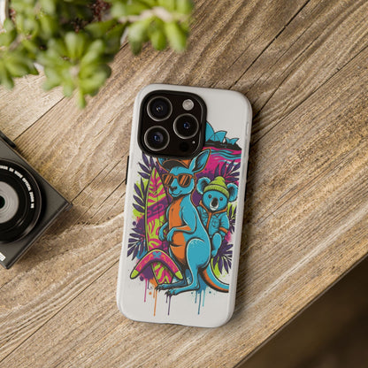 Kangaroo & Koala Surf Phone Case — Retro Neon Beach Art Tough Case
