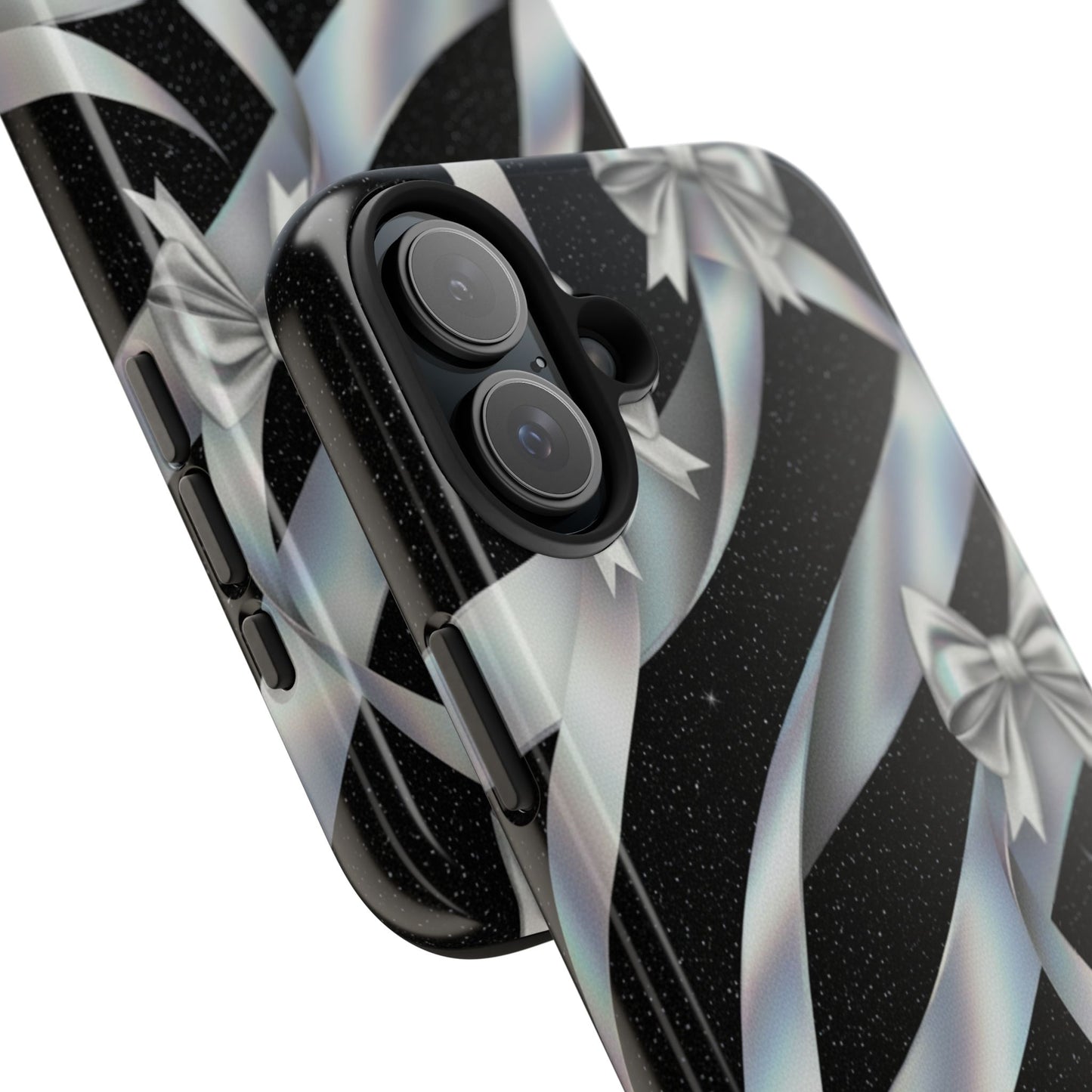 Silver Ribbon Bow Tough Phone Case — Glitter Black Protective Phone Case