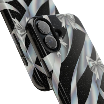 Silver Ribbon Bow Tough Phone Case — Glitter Black Protective Phone Case
