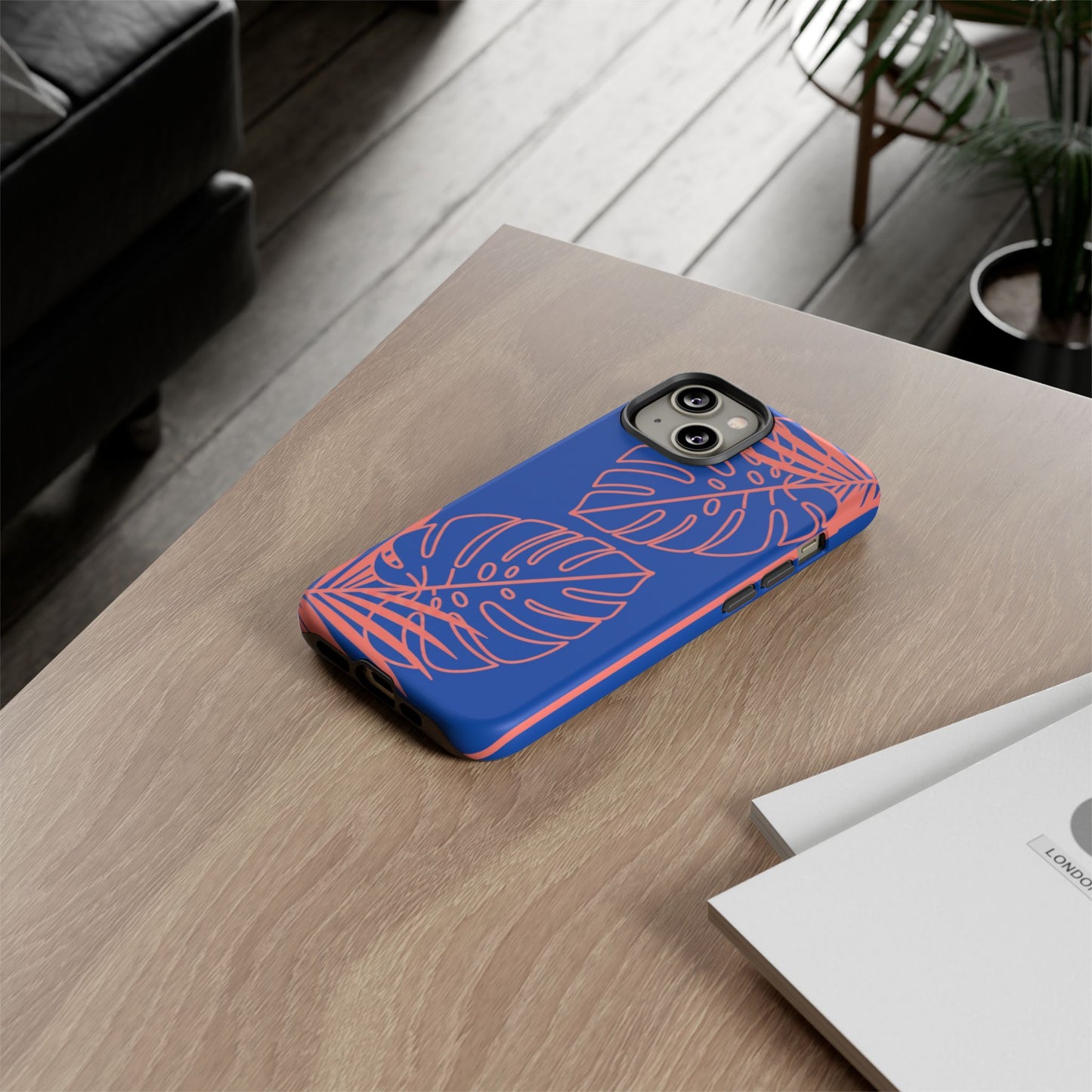Tropical Monstera Phone Case — Blue & Coral Leaf Protective Cover