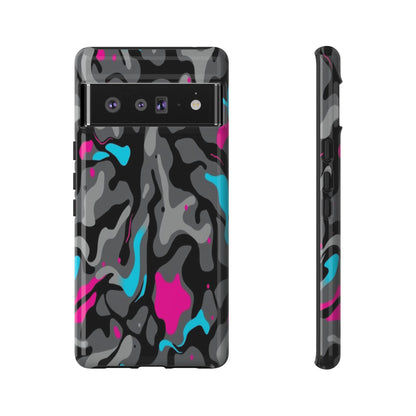 Camouflage Phone Case — Gray Camo with Neon Pink & Cyan Accent Tough Protective Cover