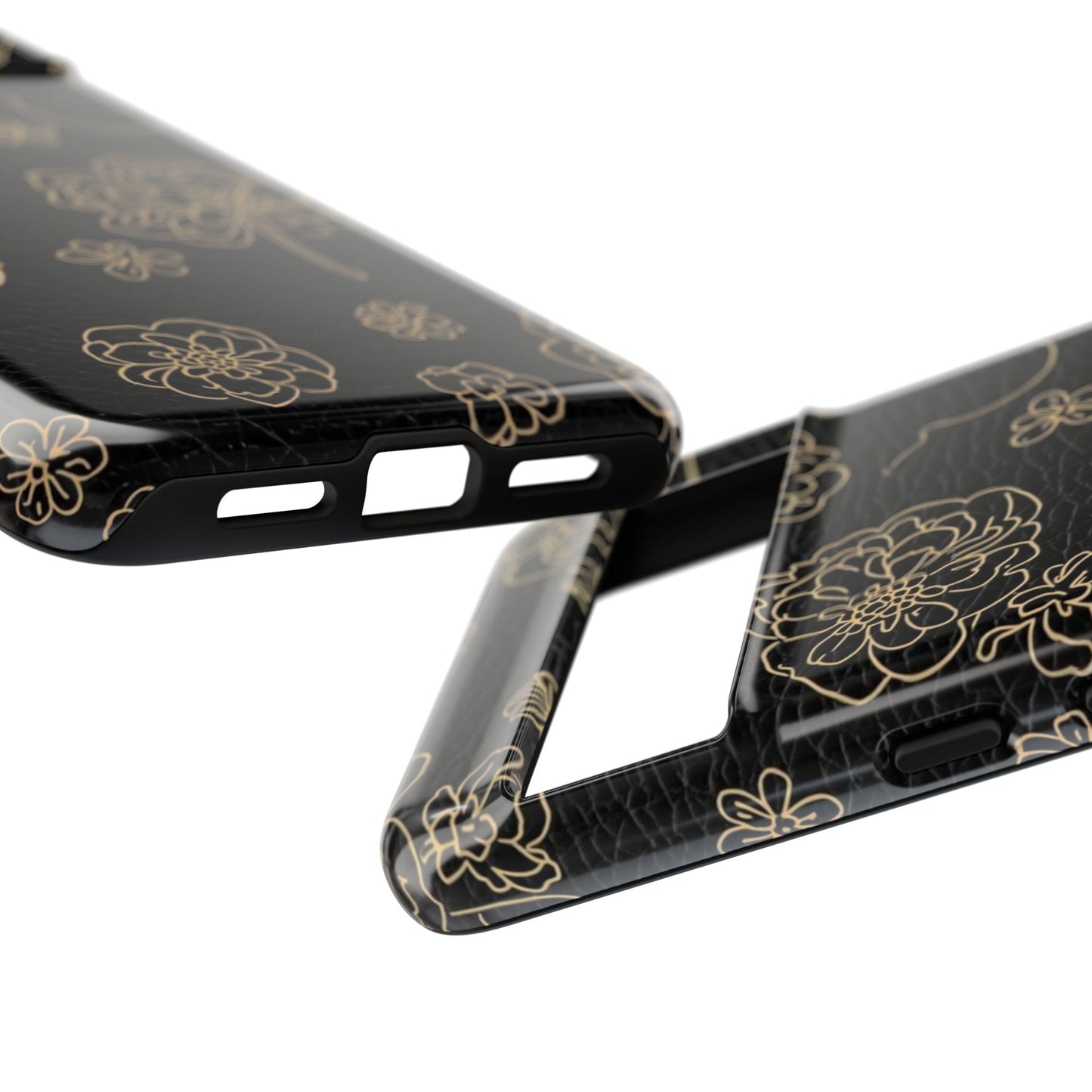 Floral Leather-Texture Tough Case – Black Gold Outline Phone Cover