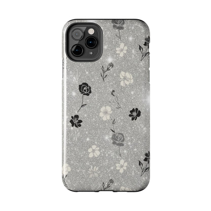 Floral Glitter Tough Phone Case — Black & Silver Vintage Flower Protective Cover