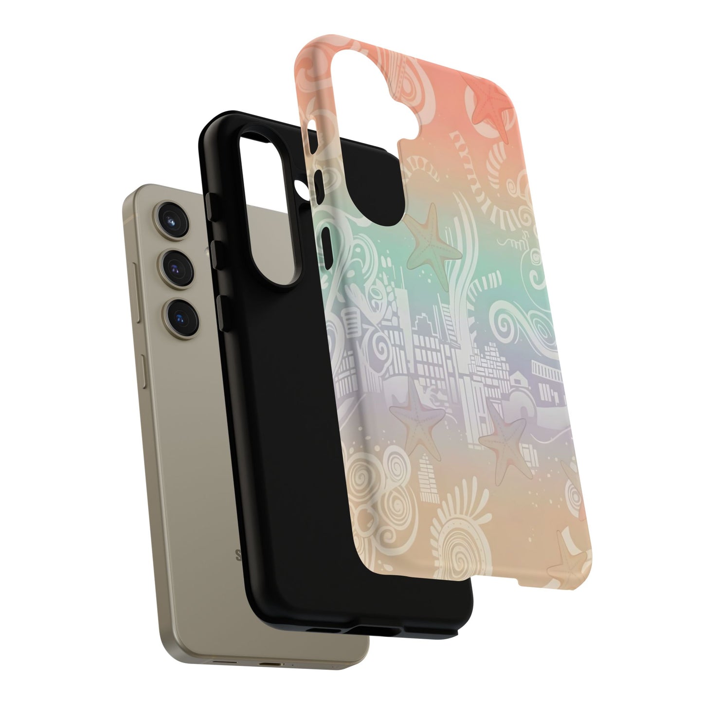 Tough Cases: Pastel Beach Pattern Phone Case — Starfish & Coastal Cityscape Protective Cover