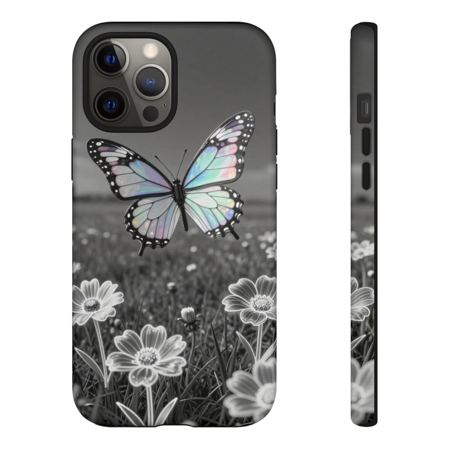 Butterfly Field Tough Phone Case — Pastel Holographic Butterfly on Black & White Floral Background