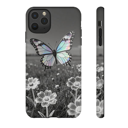 Butterfly Field Tough Phone Case — Pastel Holographic Butterfly on Black & White Floral Background
