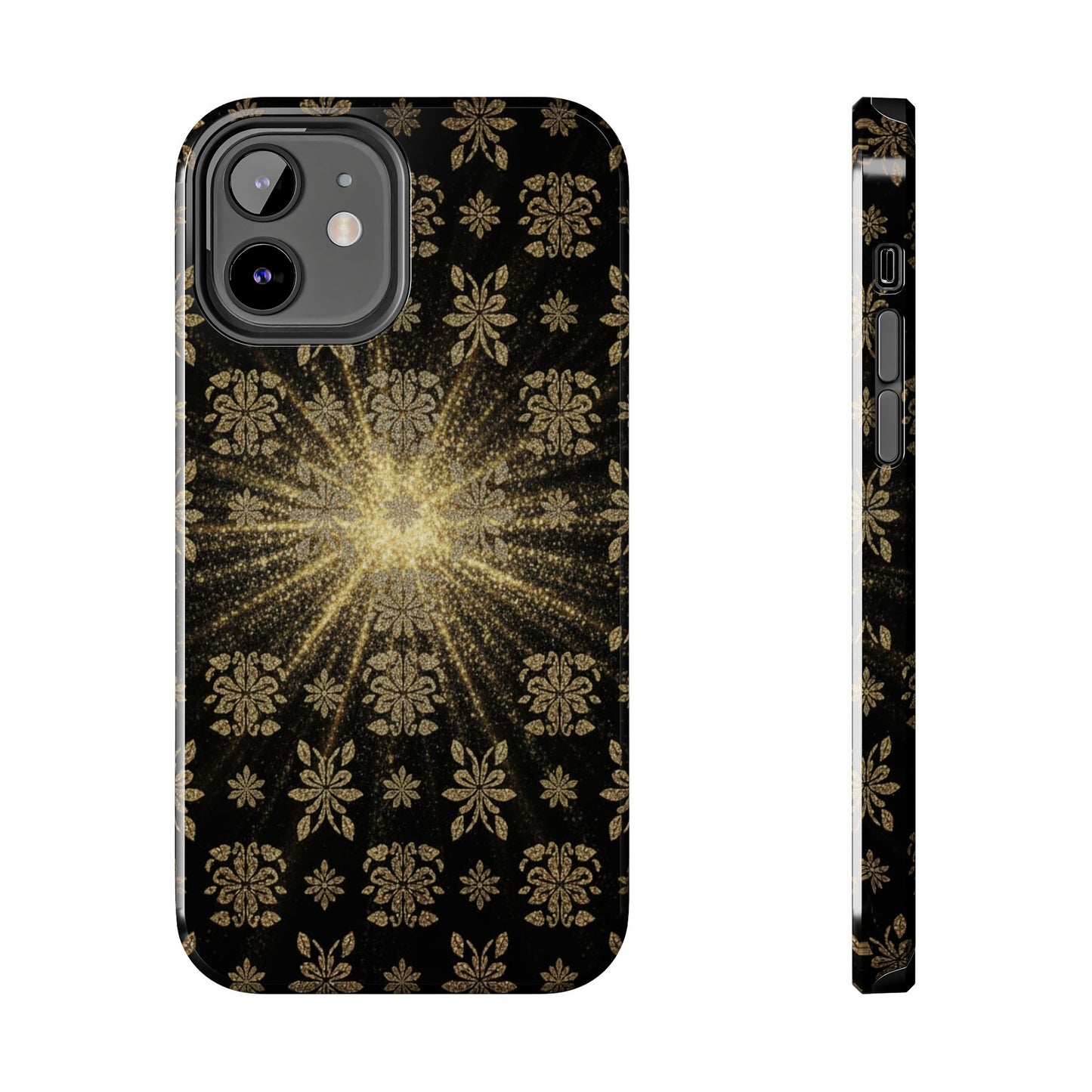 Glitter Burst Tough Phone Case — Black & Gold Floral Protective Cover