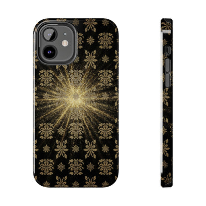 Glitter Burst Tough Phone Case — Black & Gold Floral Protective Cover
