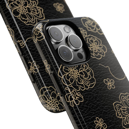 Floral Leather-Texture Tough Case – Black Gold Outline Phone Cover
