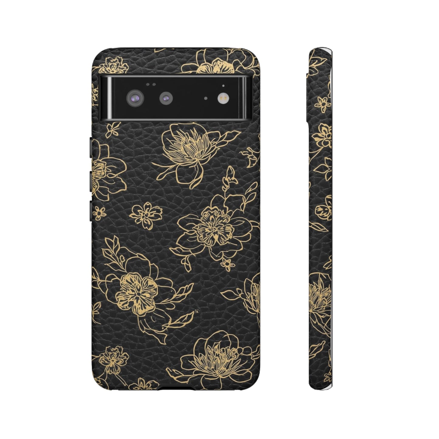 Floral Leather Phone Case — Gold Outline Flowers on Black Tough Case
