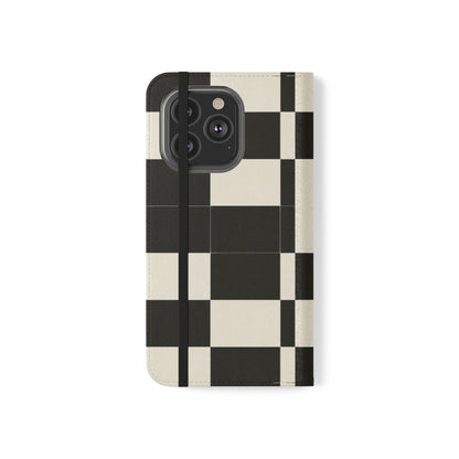 Checkered Flip Phone Case – Black & Cream Retro Grid Wallet Case