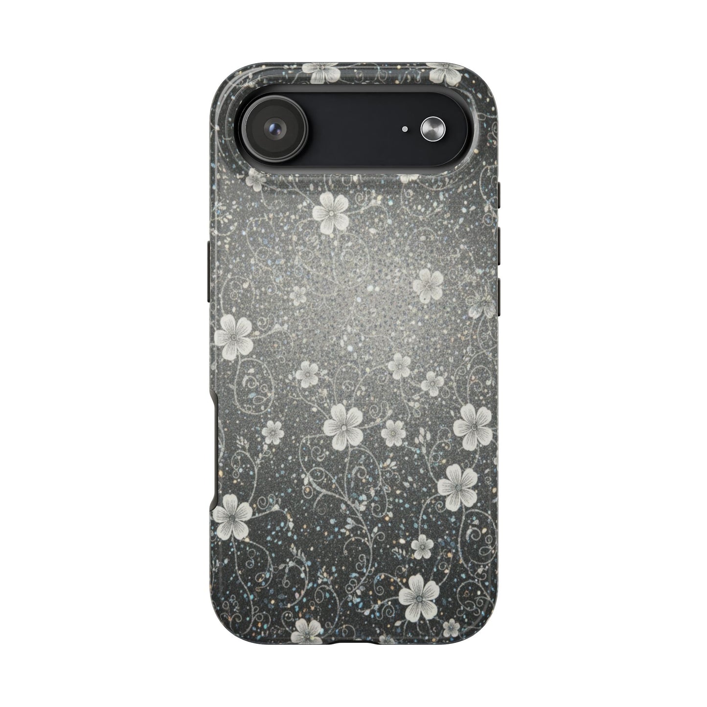 Floral Sparkle Tough Phone Case — Black & Silver Vintage Blossom