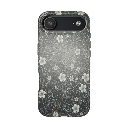 Floral Sparkle Tough Phone Case — Black & Silver Vintage Blossom