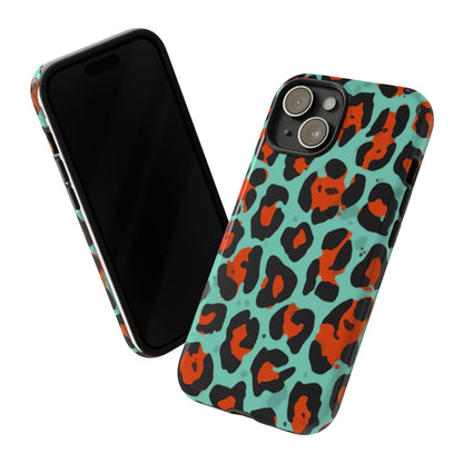 Leopard Print Tough Phone Case — Teal & Rust Protective iPhone Cover