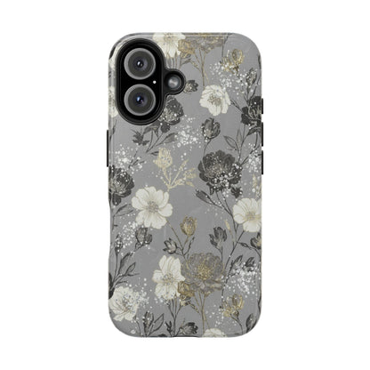 Floral Gray Tough Phone Case — Elegant Protective Phone Cover with Gold Accent