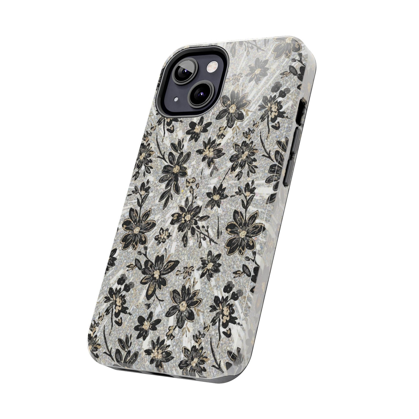 Floral Vintage Tough Phone Case — Black & Gray Rustic Flower Protective Case