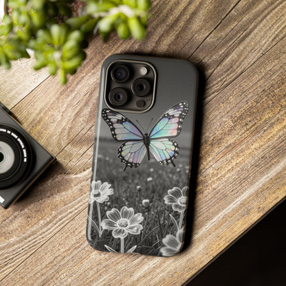 Butterfly Field Tough Phone Case — Pastel Holographic Butterfly on Black & White Floral Background