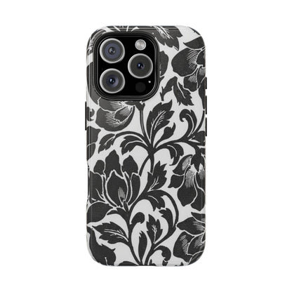 Tough Phone Case — Black & White Vintage Floral Protective Cover