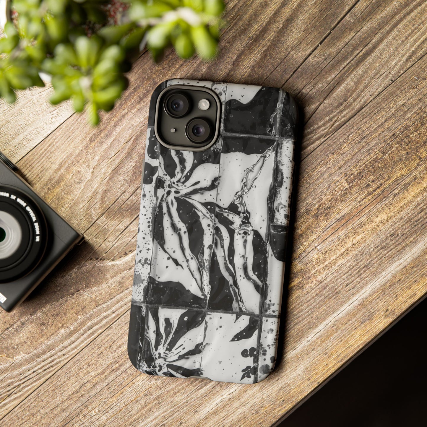 Monochrome Tile Floral Tough Phone Case