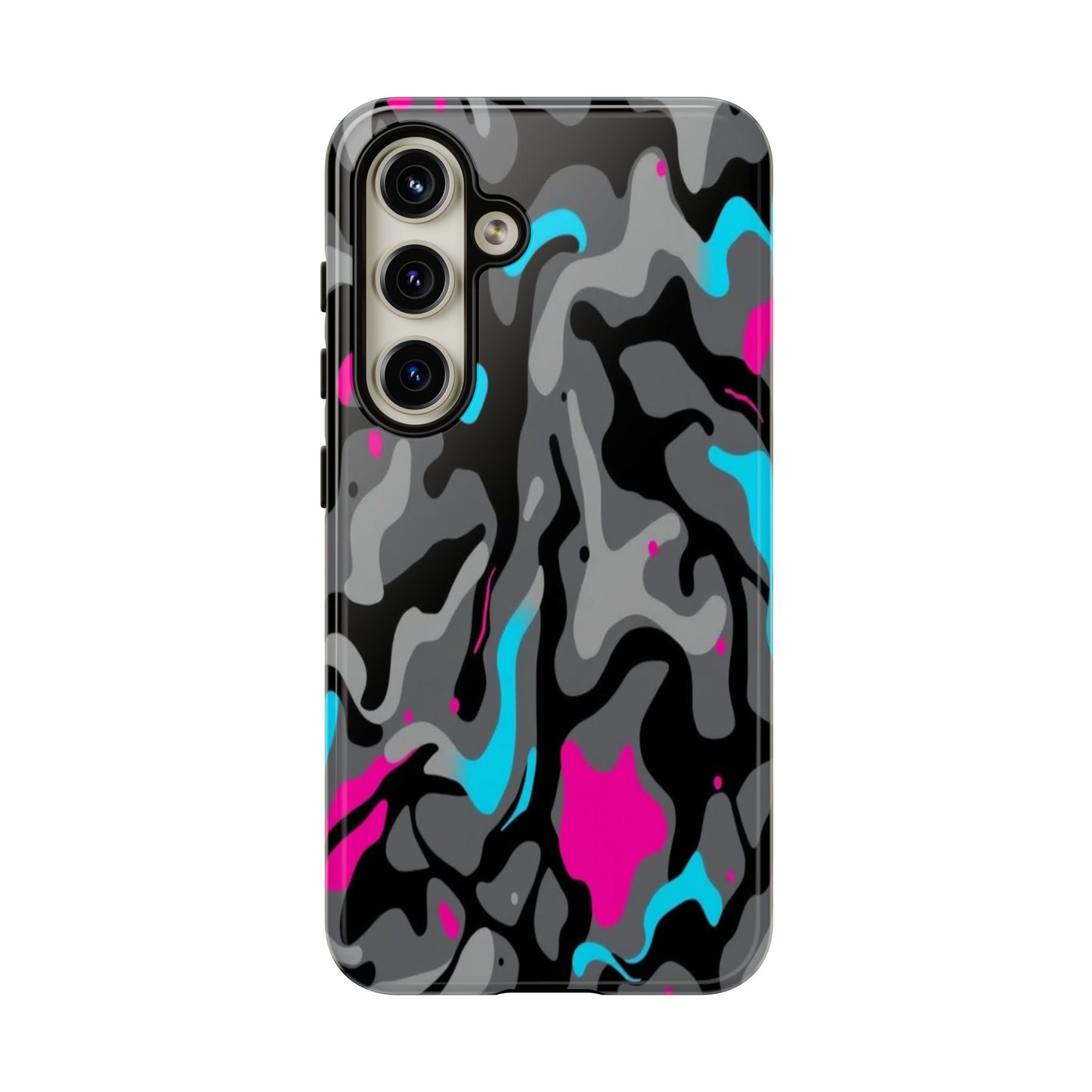 Camouflage Phone Case — Gray Camo with Neon Pink & Cyan Accent Tough Protective Cover