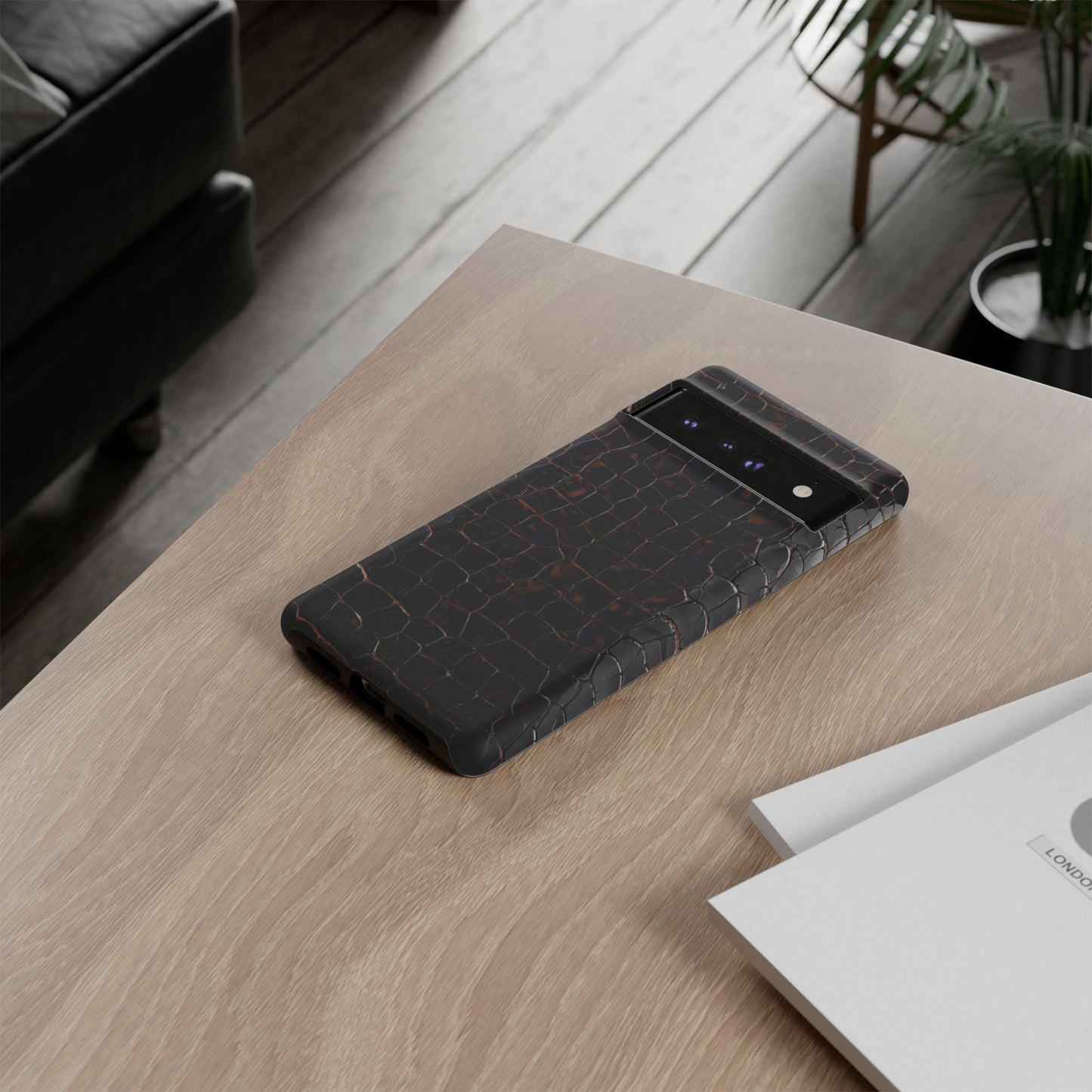 Croc-Embossed Tough Phone Case — Shockproof Black Alligator Texture