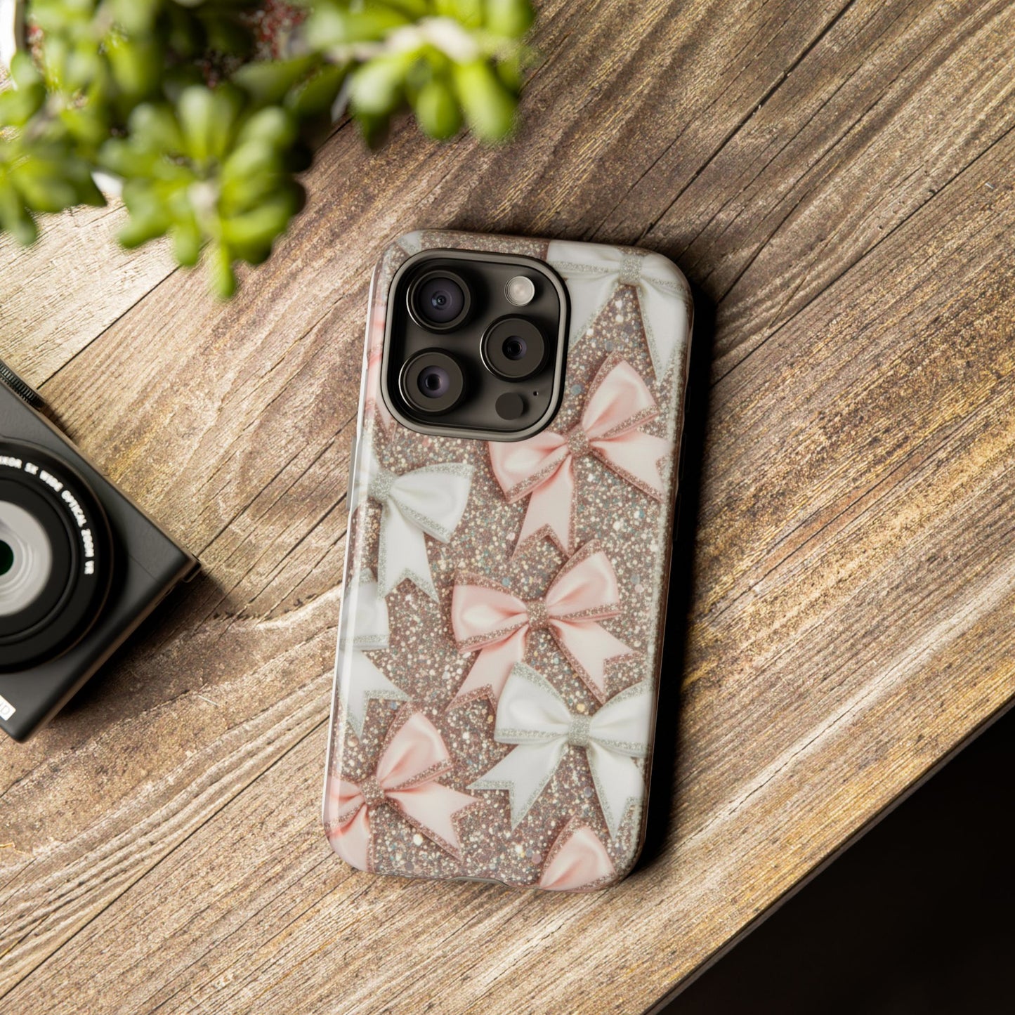 Glitter Bow Tough Phone Case — Pink & White Ribbon Protective Cover