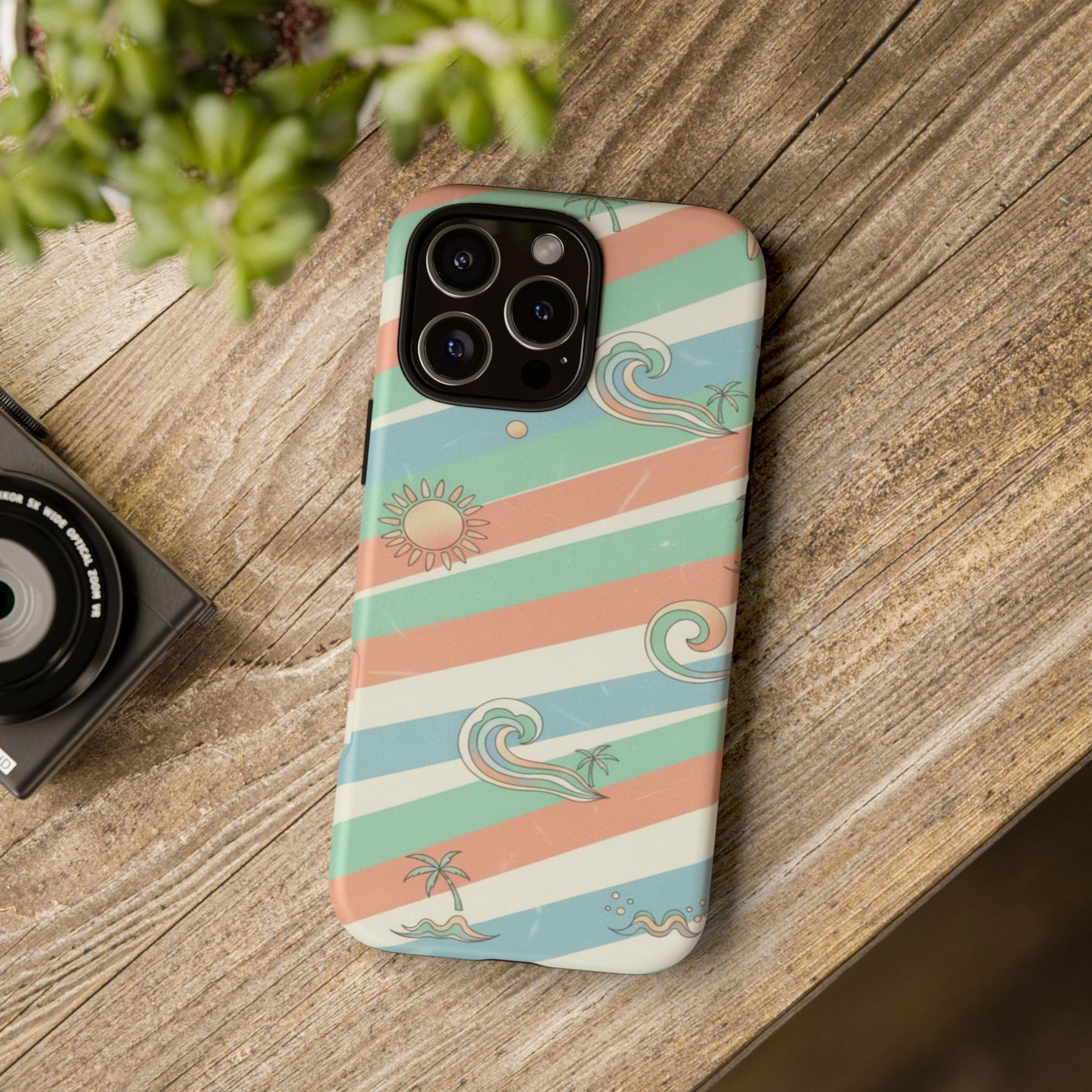 Beach Waves Tough Phone Case — Retro Surf Stripes, Palm & Sun Protective Cover