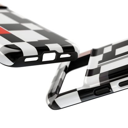 Abstract Geometric Phone Case – Black & White Checker Grid with Red Accent