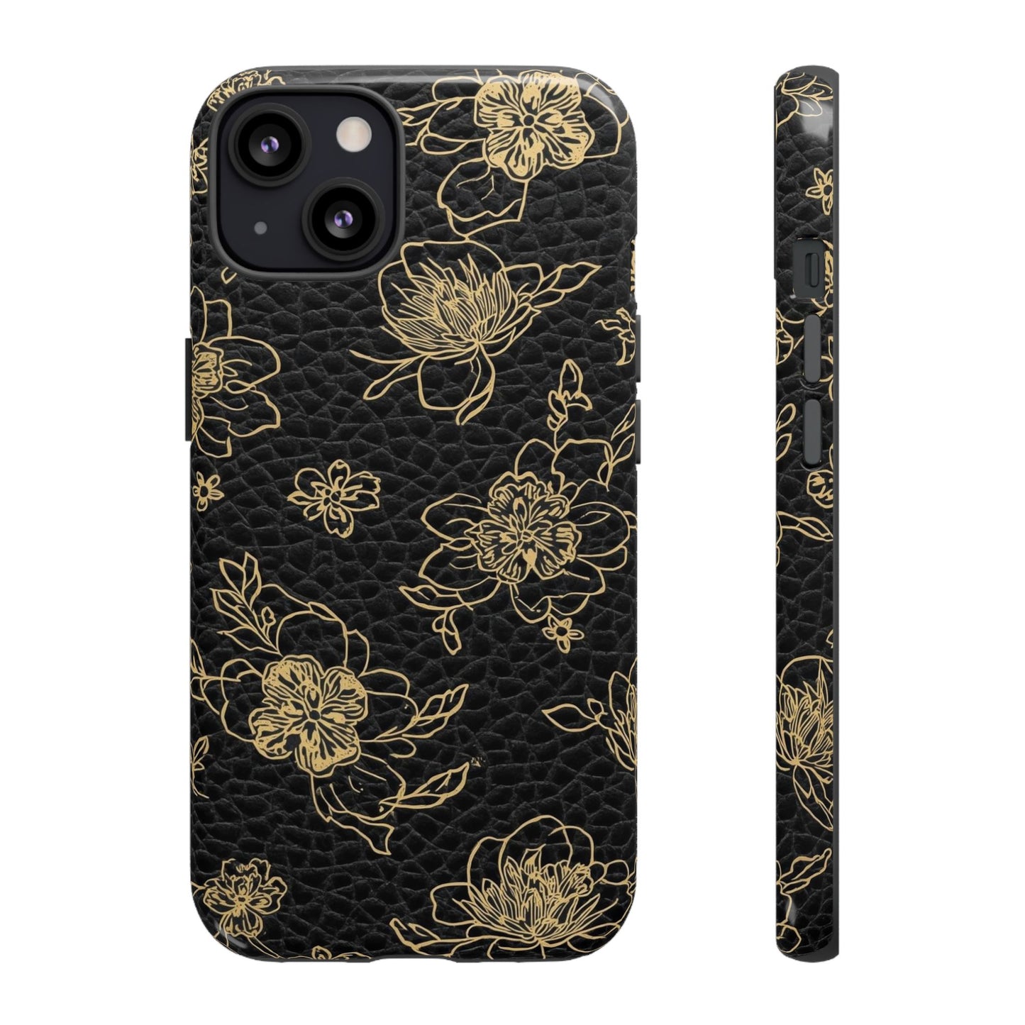 Floral Leather Phone Case — Gold Outline Flowers on Black Tough Case