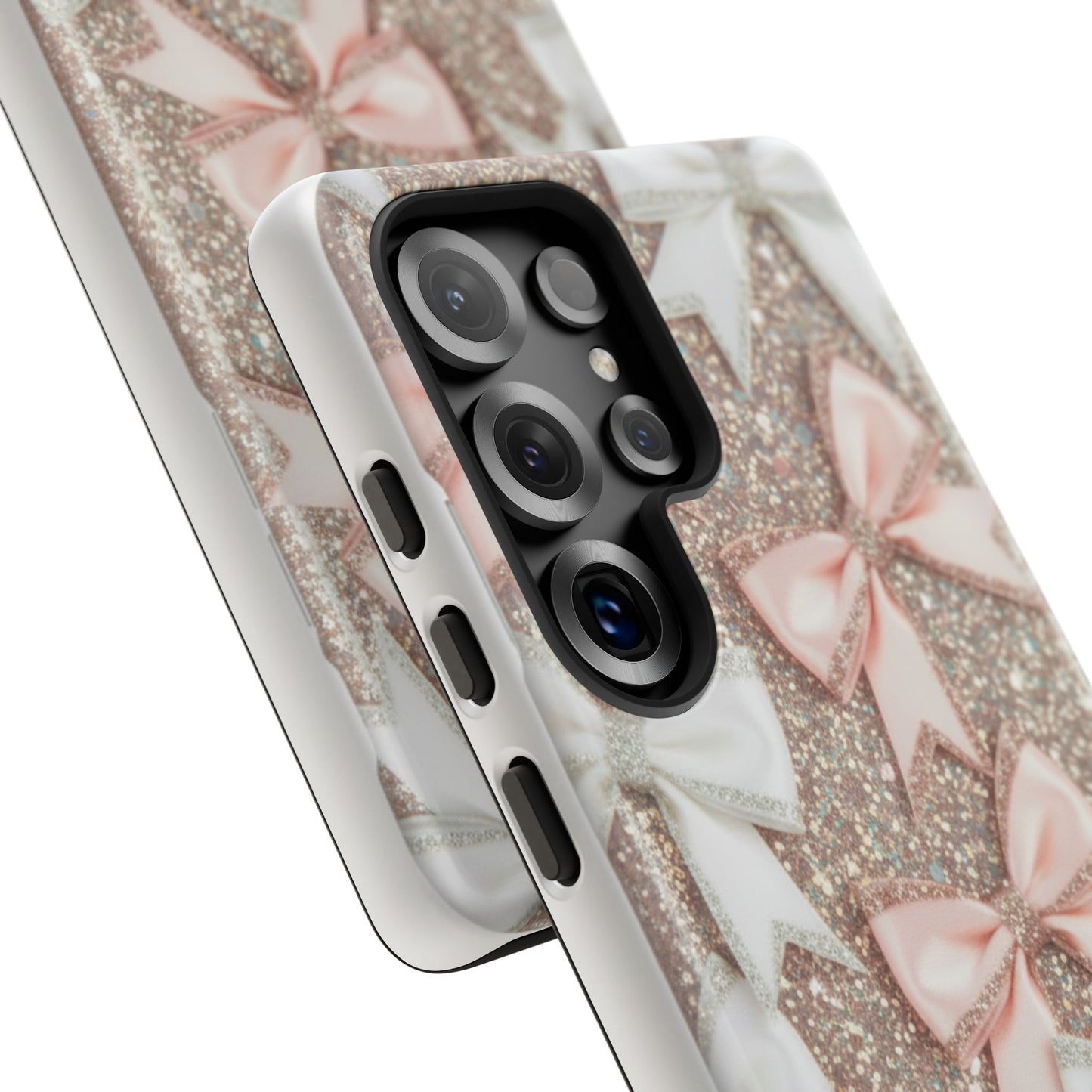 Glitter Bow Tough Phone Case — Pink & White Ribbon Protective Cover
