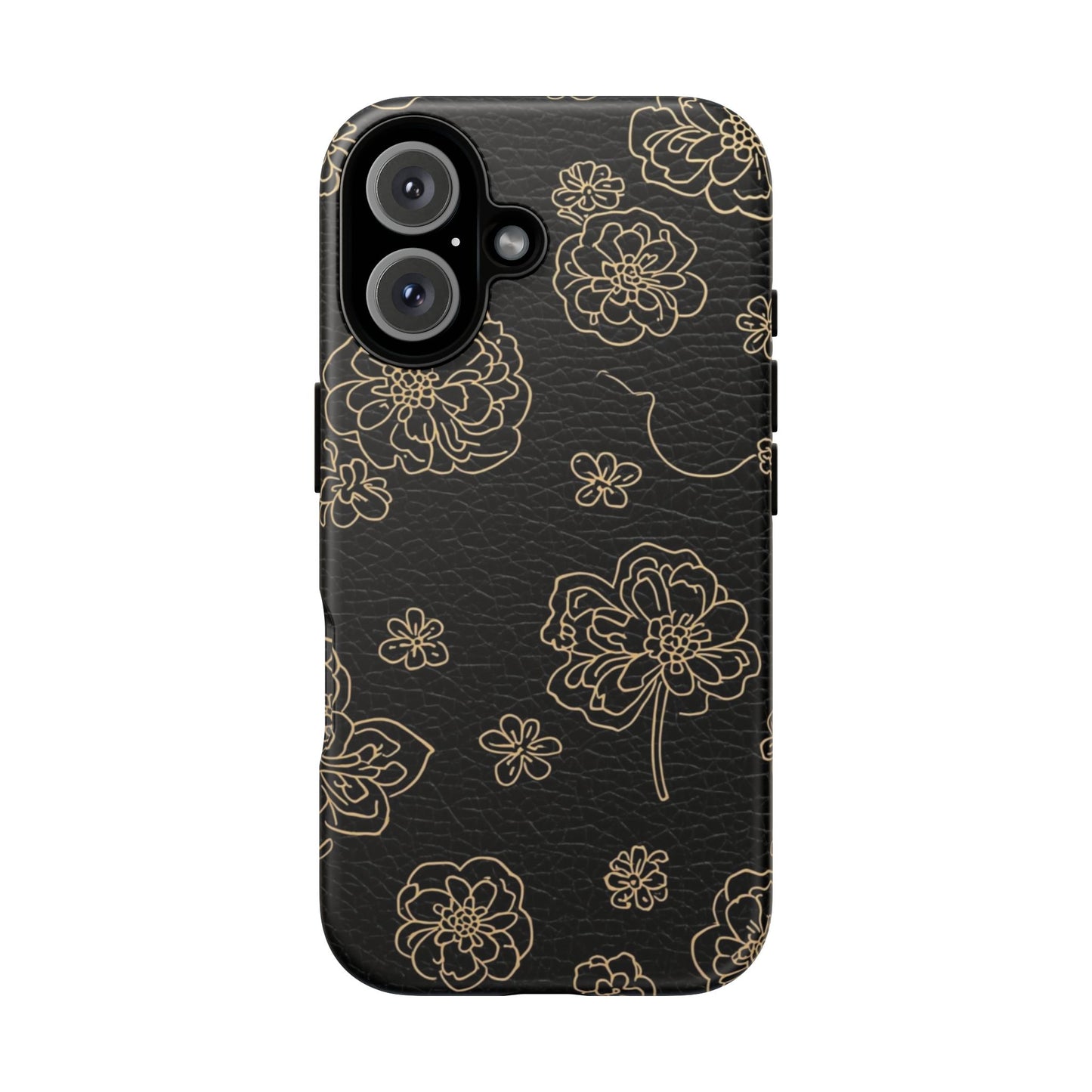 Floral Leather-Texture Tough Case – Black Gold Outline Phone Cover