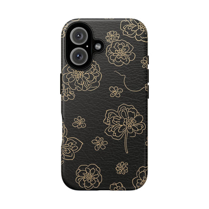 Floral Leather-Texture Tough Case – Black Gold Outline Phone Cover