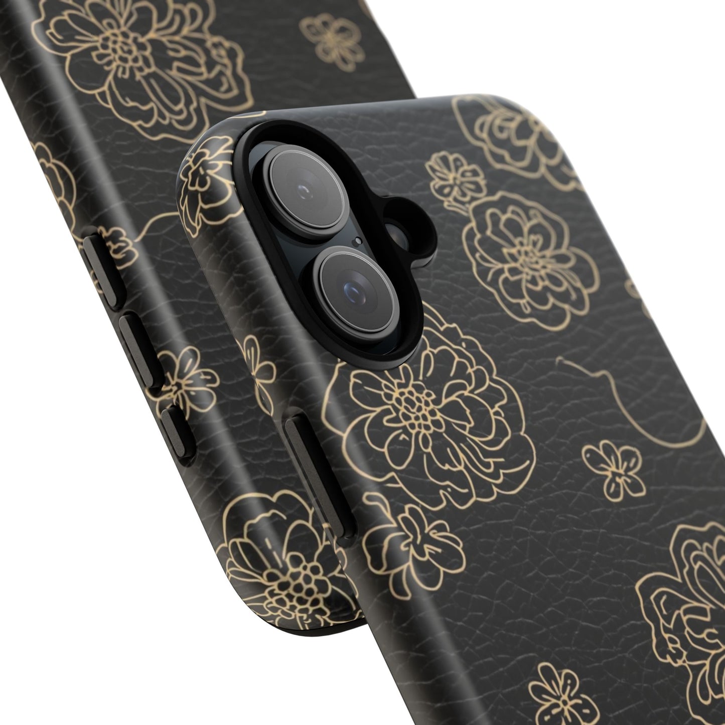 Floral Leather-Texture Tough Case – Black Gold Outline Phone Cover