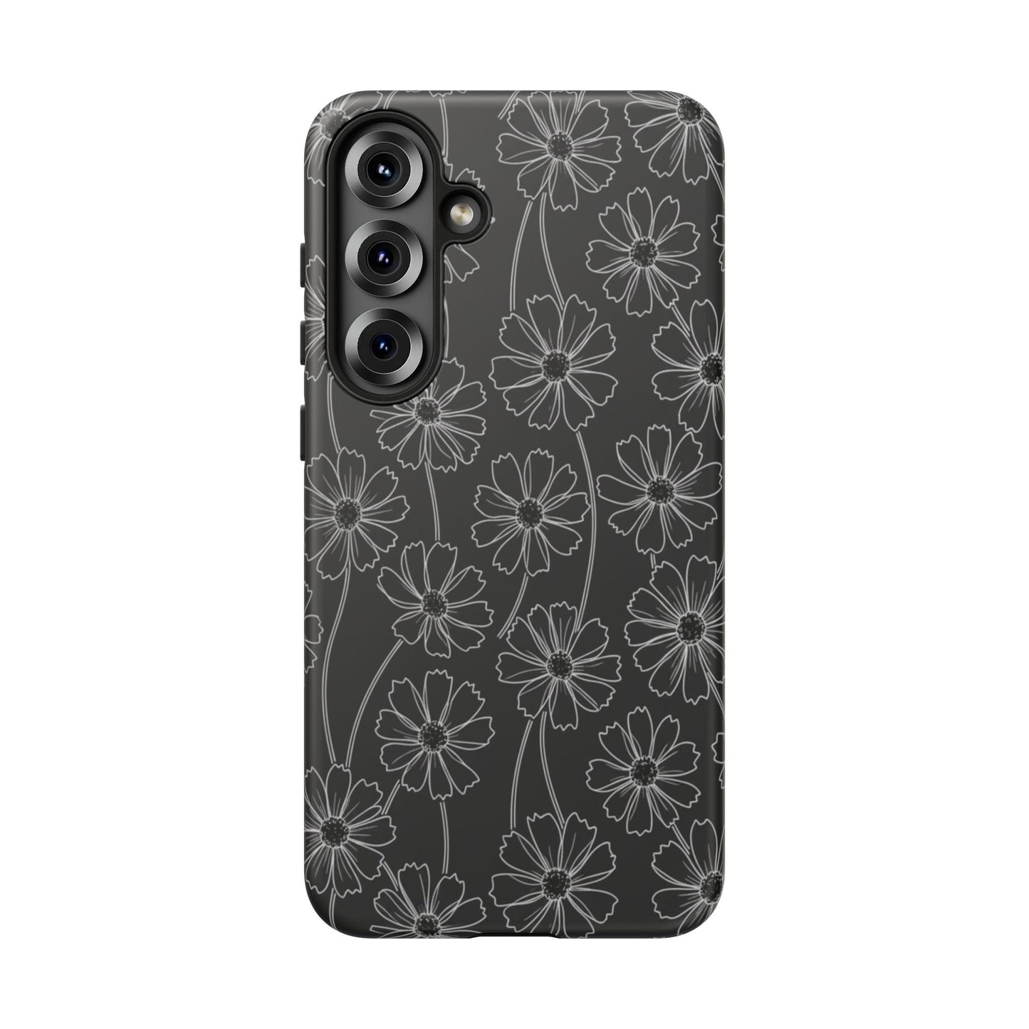 Floral Doodle Tough Phone Case — Black & Gray Daisy Pattern