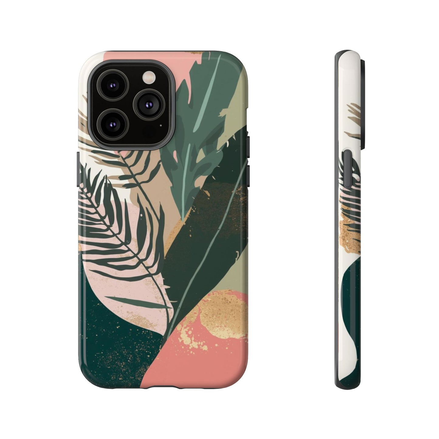 Tropical Leaf Tough Phone Case — Abstract Pink & Green Botanical Protective Cover