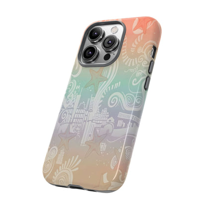 Tough Cases: Pastel Beach Pattern Phone Case — Starfish & Coastal Cityscape Protective Cover