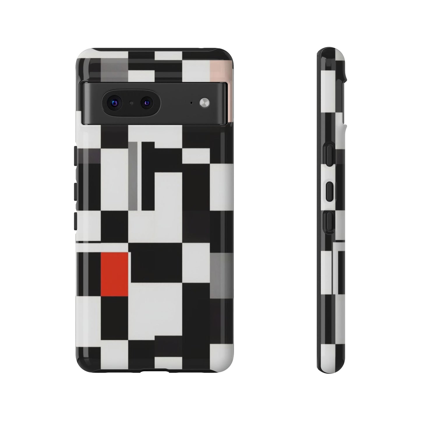 Abstract Geometric Phone Case – Black & White Checker Grid with Red Accent