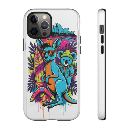 Kangaroo & Koala Surf Phone Case — Retro Neon Beach Art Tough Case