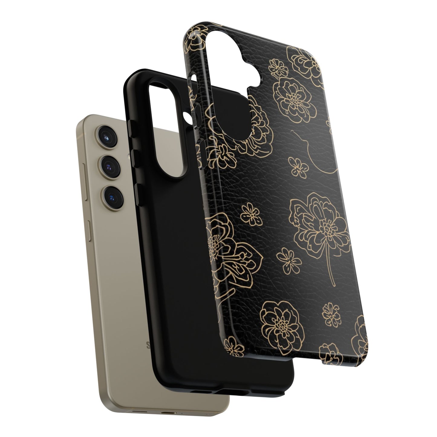 Floral Leather-Texture Tough Case – Black Gold Outline Phone Cover